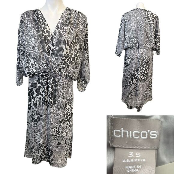 Chico’s maxi dress plus size 3.5/18 black gray animal‎ print flutter sleeve - Picture 1 of 7